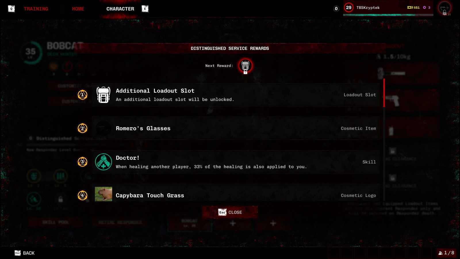Official reward preview showing Service ranks 1–4: a loadout slot, glasses, Doctor skill and a cosmetic logo
